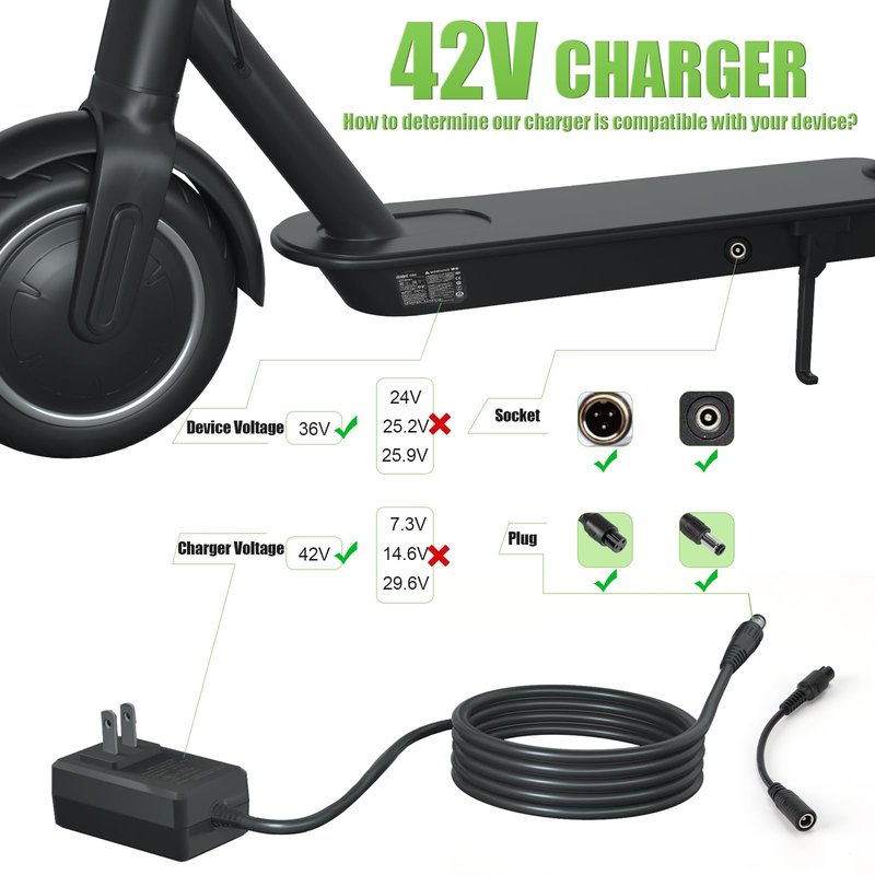 APOOHEP 42V Compact Electric Scooter Hoverboard Charger for Hover-1 Gotrax Jetson & More 36V Lithium Battery, UL Certified Safe & Powerful & Small with 2 Common Connectors