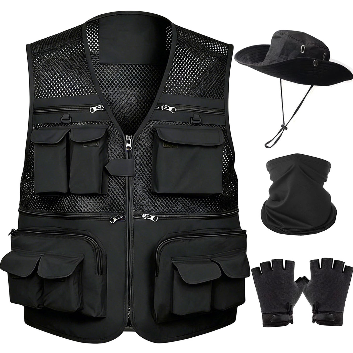 HUNTURE Mens Fishing Vest, Black Mesh Vest and Hat Gloves Cooling Neck Gaiter Set for Hiking Travel, Multi Pocket Summer Safari Vest