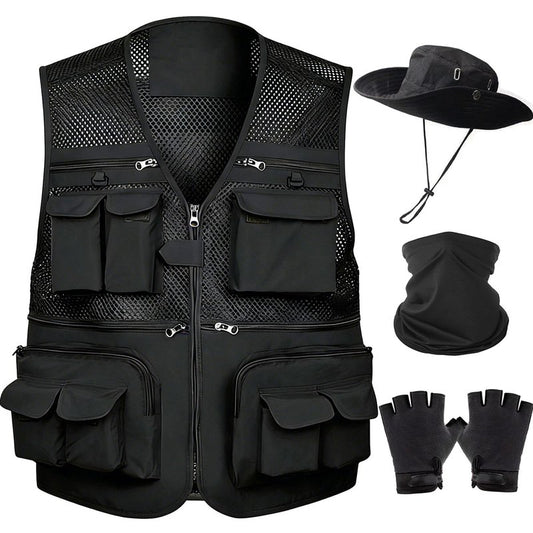 HUNTURE Mens Fishing Vest, Black Mesh Vest and Hat Gloves Cooling Neck Gaiter Set for Hiking Travel, Multi Pocket Summer Safari Vest