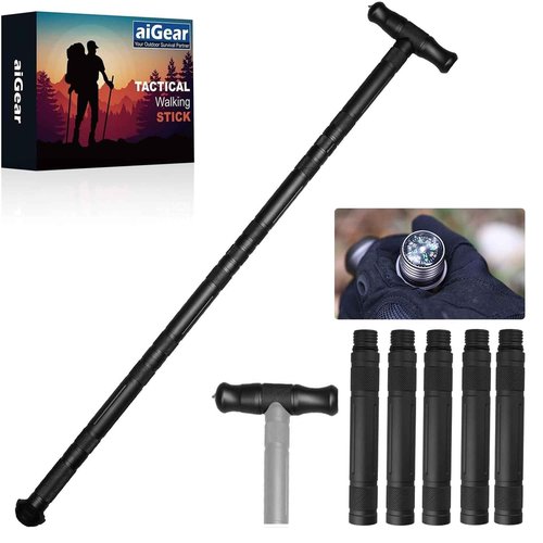 aiGear Walking Hiking Stick with Compass and Whistle, 13 in 1 Survive Walking Hiking Stick Outdoor Trekking Poles with Solid Durable Survive Tools 5 Tubes
