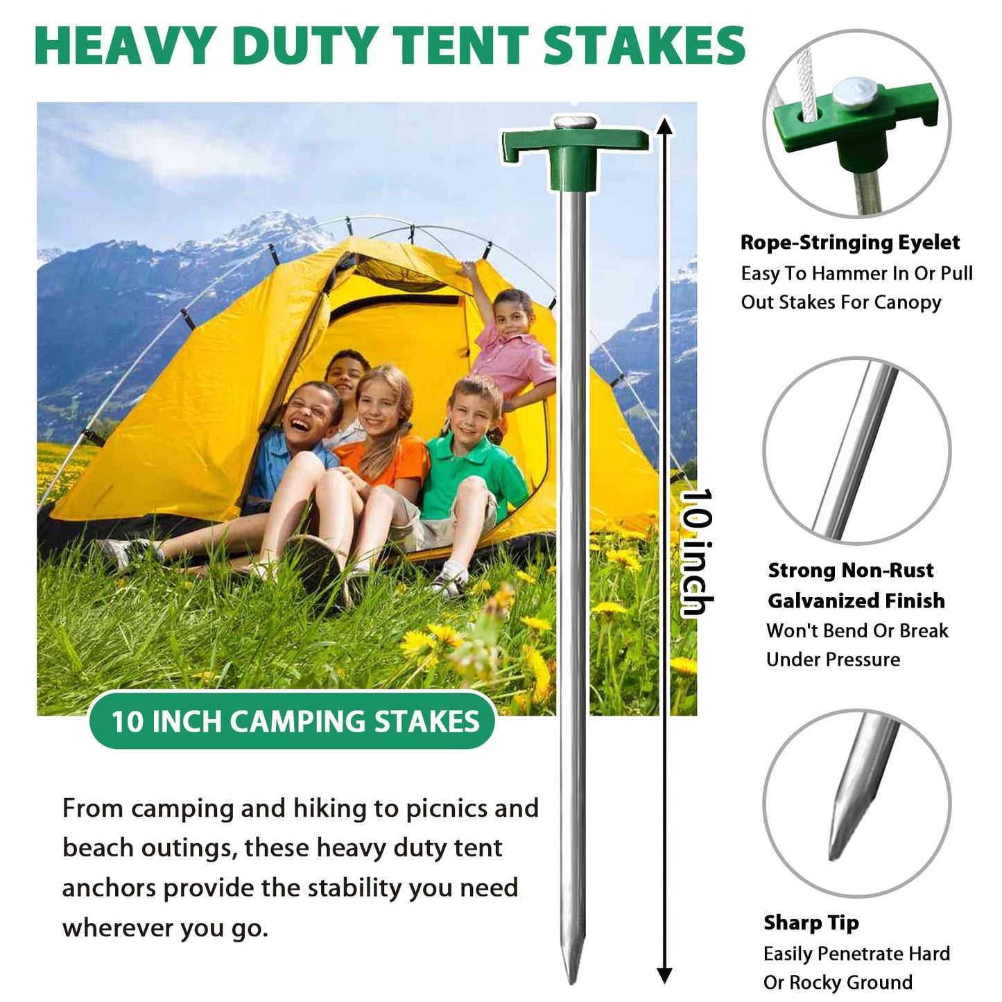 Eurmax USA 10-Pack Secure Protection Galvanized Tent Stakes,Rust-Proof Steel Canopy Anchors for High Winds,Heavy Duty Commercial Ground Pegs for Camping,Pop Up Tents&Gazebos - Includes 4x10ft Ropes