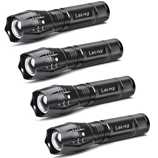 LETMY LED Tactical Flashlight S2000 [4 Pack] - High Lumens, Zoomable, 5 Modes, Waterproof Handheld LED Flashlight - Best Camping, Outdoor, Emergency, Everyday Flashlights