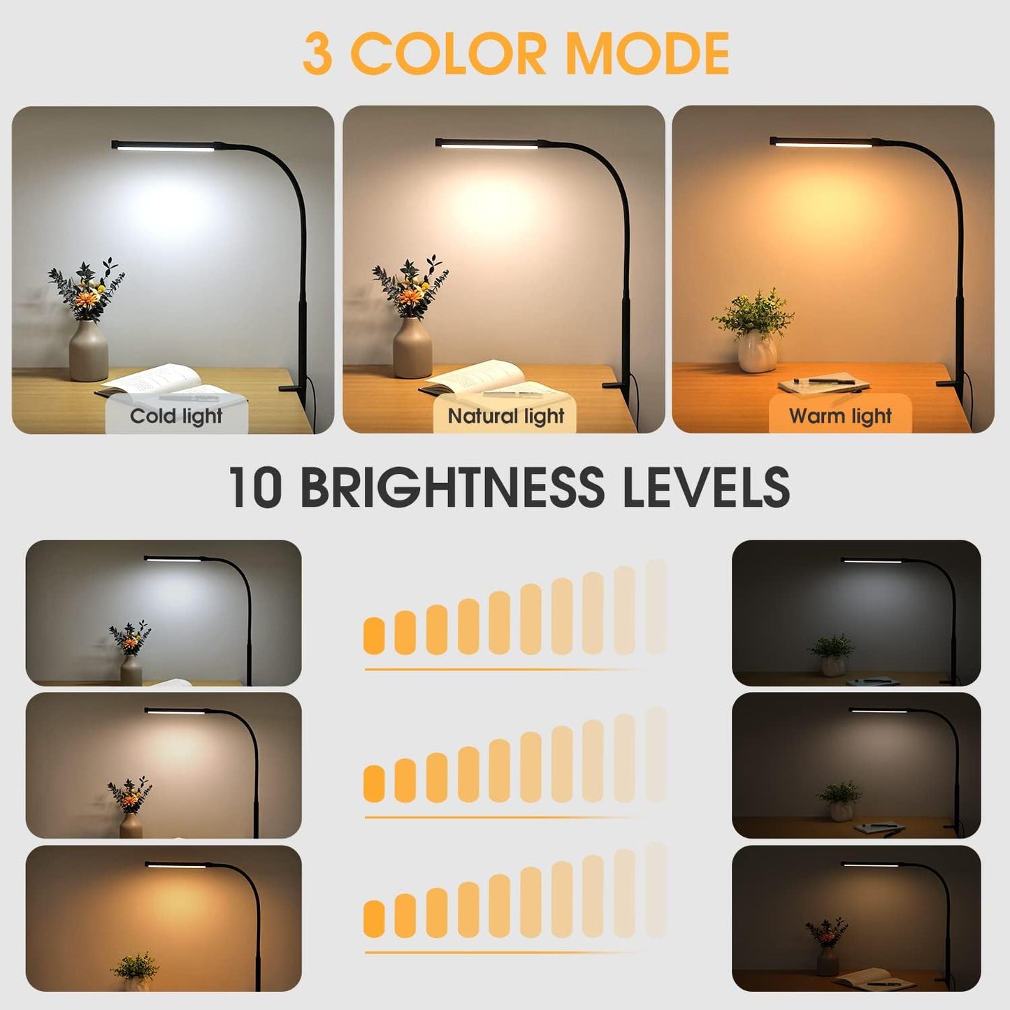 LED Desk Lamp with Clamp - Eye-Caring Clip-On Light for Home Office | 3 Modes, 10 Brightness Levels, Flexible Goose-Neck, Metal, Black