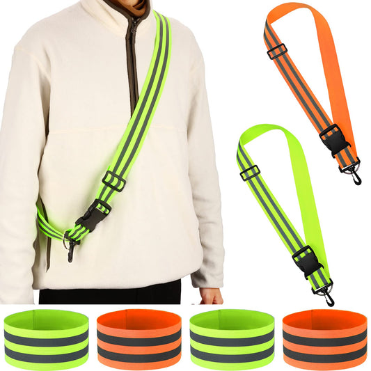 2 Pcs Reflective Sash with 4 Bands Adjustable Visibility Belt Safety Strap, Band for Wrist Arm Ankle Leg Substitute for Reflective Vest Reflective Running Gear (Fluorescent Green, Fluorescent Orange)