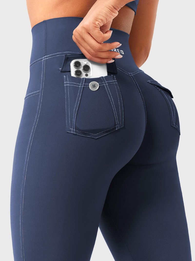 YEOREO CoreFlex Women Workout Leggings with Pockets Scrunch Butt Lifting Gym Cargo Denim-Look Yoga Pants Navy Blue M