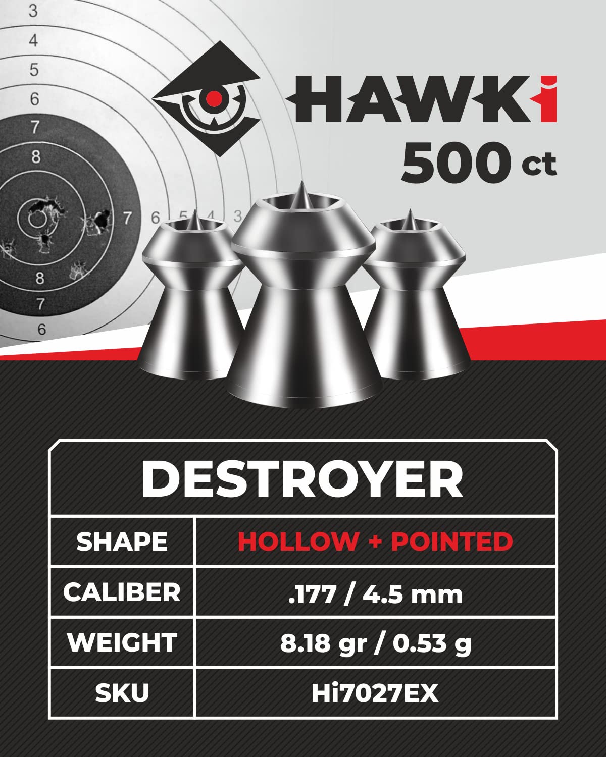 Hawki Airgun Pellets -.177/4.5mm Caliber (8.18 gr/0.53 g) 500 ct Hi7027EX Hollow + Pointed