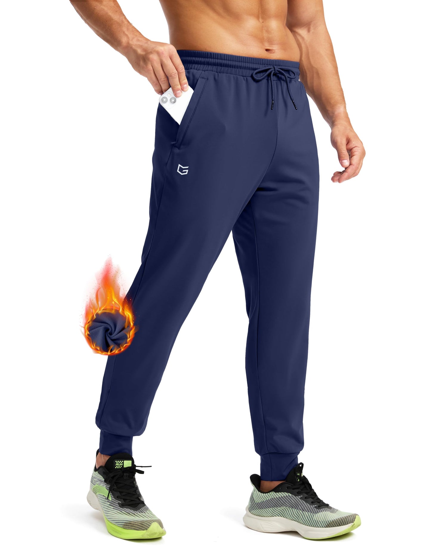 G Gradual Men's Fleece Joggers with Zipper Pockets Winter Warm Pants Water Resistant Athletic Workout Gym Sweatpants for Men(Navy,L)