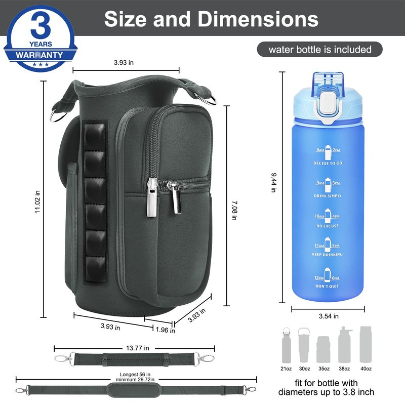 Panmout Hands-Free Magnetic Gym Bag with Gym Bottle - 3-in-1 Water Bottle Holder with 6 Magnets, 3 Pockets, Fits up to 40oz Bottle and Large Phone, Shoulder Strap for Gmy, Hiking and Travel (Grey)