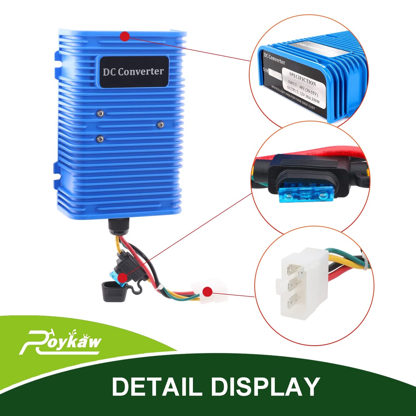 Roykaw Golf Cart 36V 48V to 12V Voltage Reducer Regulator DC Converter Compatible with EZGO Club Car Yamaha，Dual Power Source，30A 360W