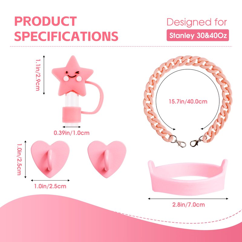 WINOWIMO 8 Pcs Pink Accessories Set for Stanley Cup 30 oz 40 oz, Silicone Glitter Boot, Star Straw Cover, Pom-Pom Charm, Letter Charm, Water Bottle Handle, Initial Sticker for Stanley Tumbler (L)