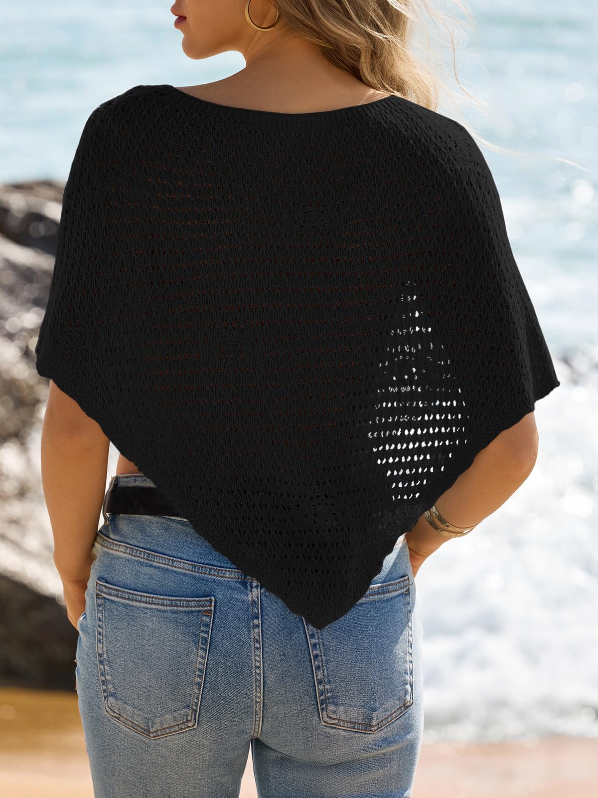 Fisoew Womens Crochet Cover Up Summer Sheer Ponchos Shawl Boho Beach Vacation Off The Shoulder Knit Tops Swimsuit Coverups Black
