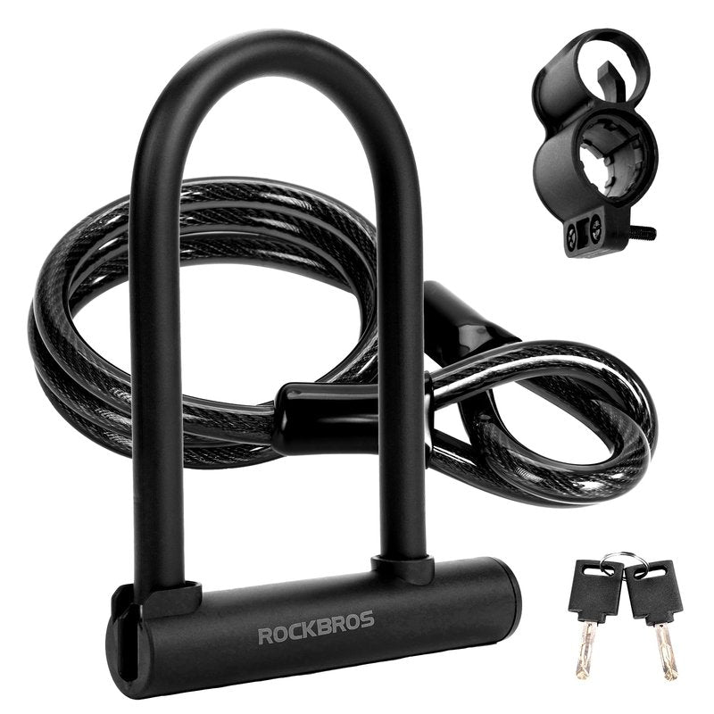 ROCKBROS U Lock Bike U Lock with Cable Heavy Duty Anti Theft Bike Lock U-Lock 4 ft Cable with Keys & Sturdy Mounting Bracket for Road, Mountain, Electric