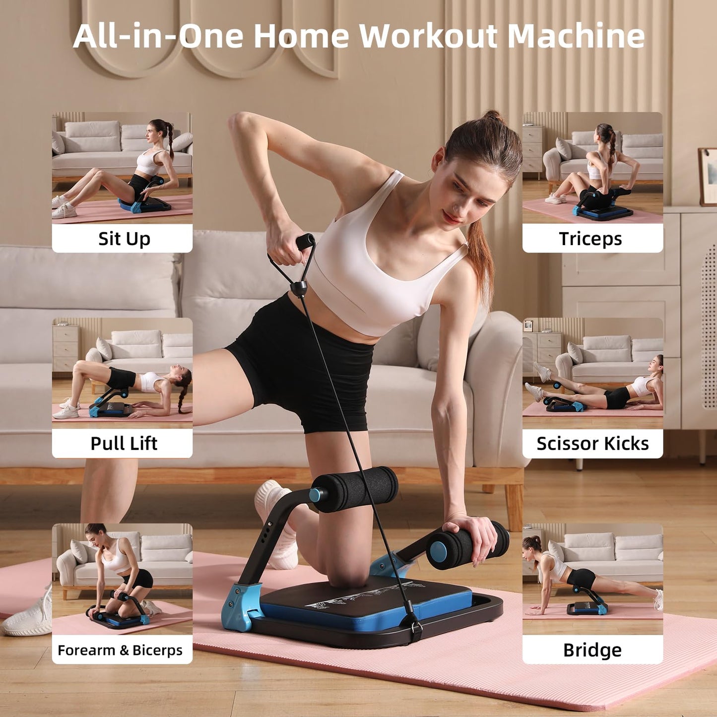 OKNETP Abdominal Trainer Machine with Resistance Bands - 3 Levels Adjustable Sit-Up Exercise Equipment for Home Gym, Core & Full Body Workout (Blue)
