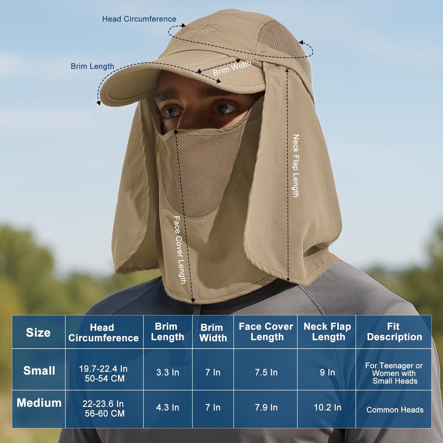 Surblue Quick-Drying Outdoor Cap UV Protection Sun Hats Fishing Hat Neck Face Flap Hat UPF50+ Khaki