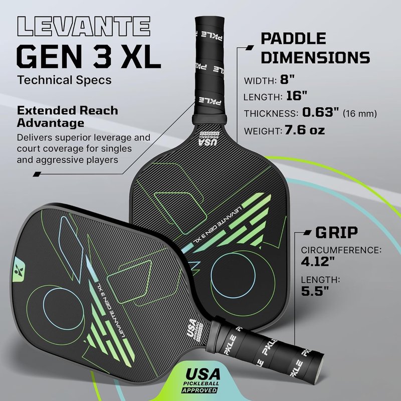 Levante Gen 3 – Pickleball Paddles with EVA Stability Layer, T700 Carbon Fiber CFS Face, Thermoformed Unibody Frame & PP Honeycomb Core for Control, Spin & Balanced Performance (Gen 3 XL)
