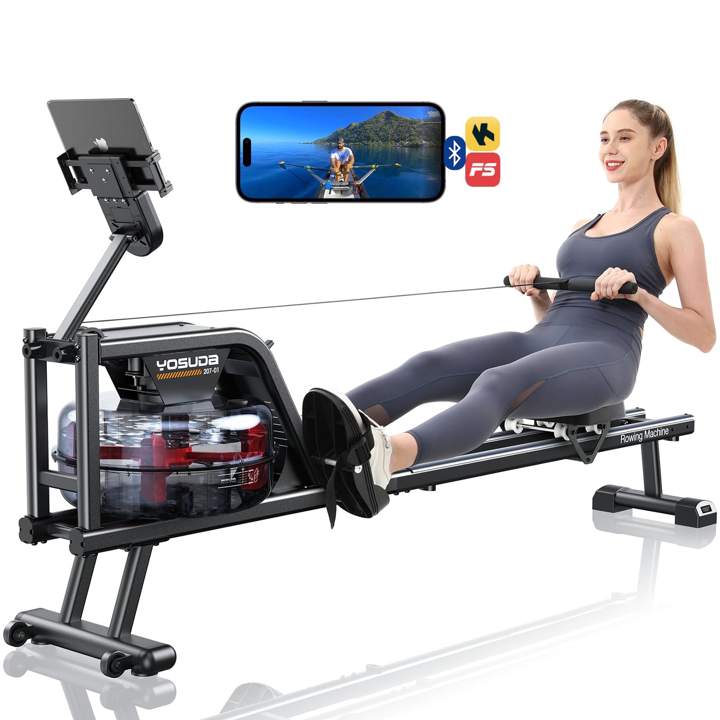 YOSUDA Water Rowing Machines with Bluetooth-Water Rowers 350LBS Weight Capacity for Home Use with Smooth Aluminum Dual Slide Rail & Rowing-Dedicated Monitor