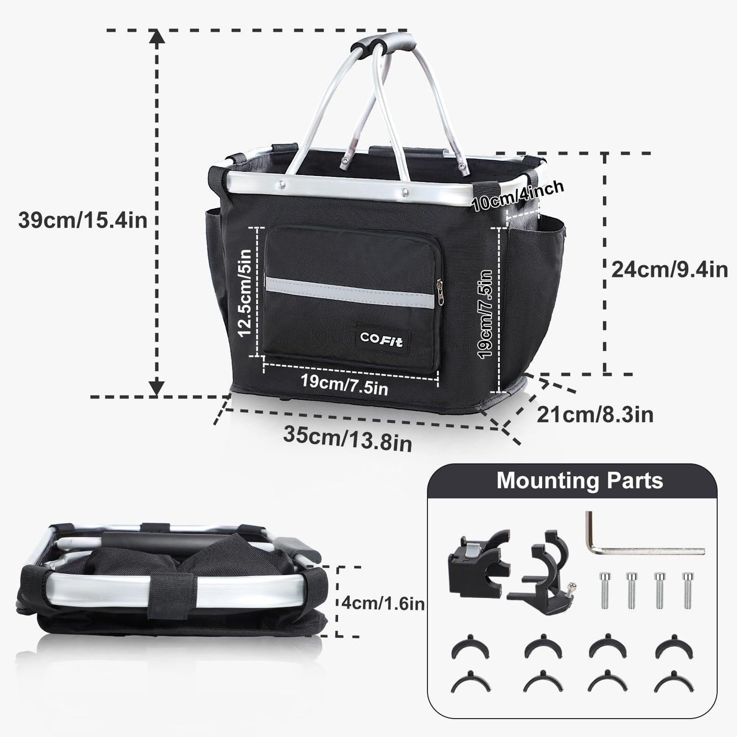 COFIT Detachable Bike Basket Front, Foldable Bicycle Dog Carrier for Small Pet, Shopping, Commuting, Camping and Outdoor Cargo Bag with Side Pouches, Black