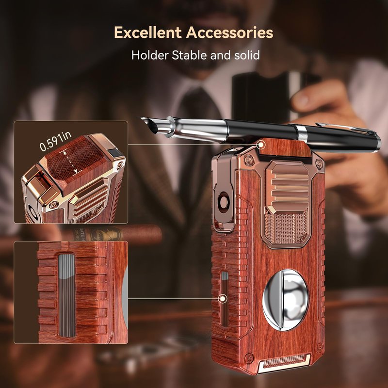 All-in-One Torch Lighter with Built-in V Cutter, Holder, Punch, and Draw Enhancer Tool, Adjustable Triple Jet Flame Lighter with Accessories, Refillable Lighter Gift for Men (Butane not Included)