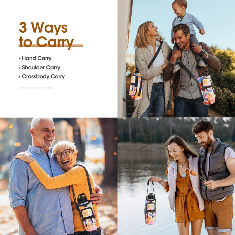 ARTSO Water Bottle Carrier Bag with Phone Pocket, Neoprene Sleeve Water Bottle Holder Sling Bag Pouch with Adjustable Strap 25/32/40/64 oz for Walking Hiking Camping Gym(32oz, Colorful Flowers)