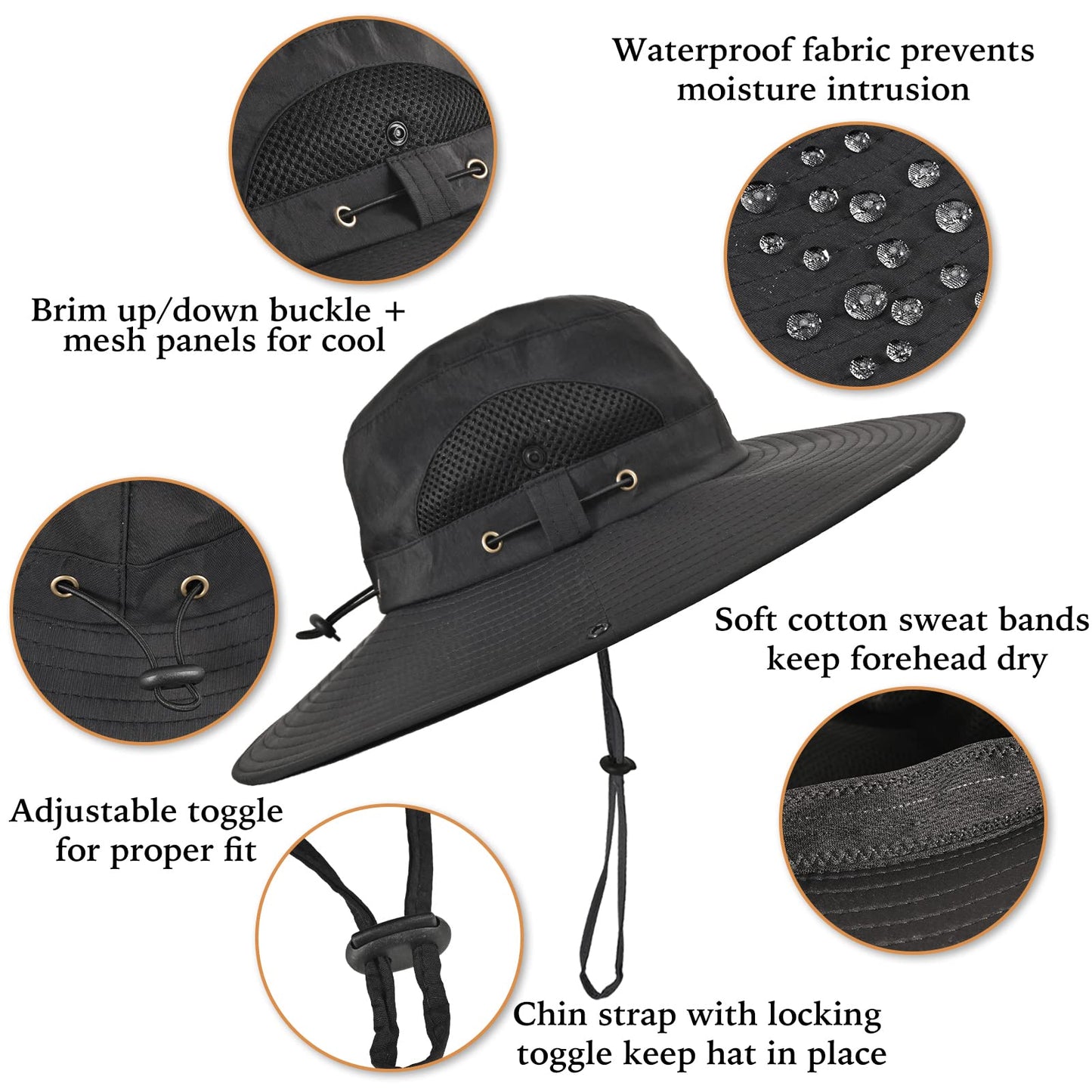 Wide Brim Fishing Sun Hat for Men Women, UPF 50+ Waterproof Bucket Boonie Hat Hiking Camping Safari Garden Beach