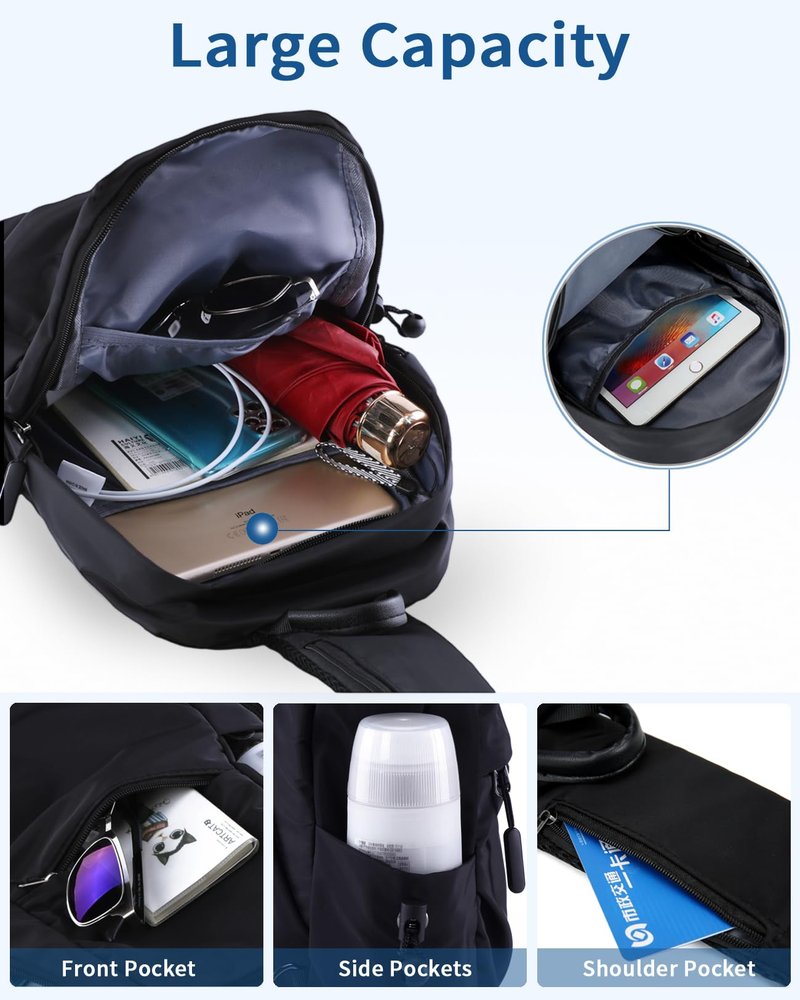 Seoky Rop Men Women Sling Bag Backpack Lightweight Water Resistant Small Chest Shoulder Crossbody Bags for Walking Travel Cycling Black