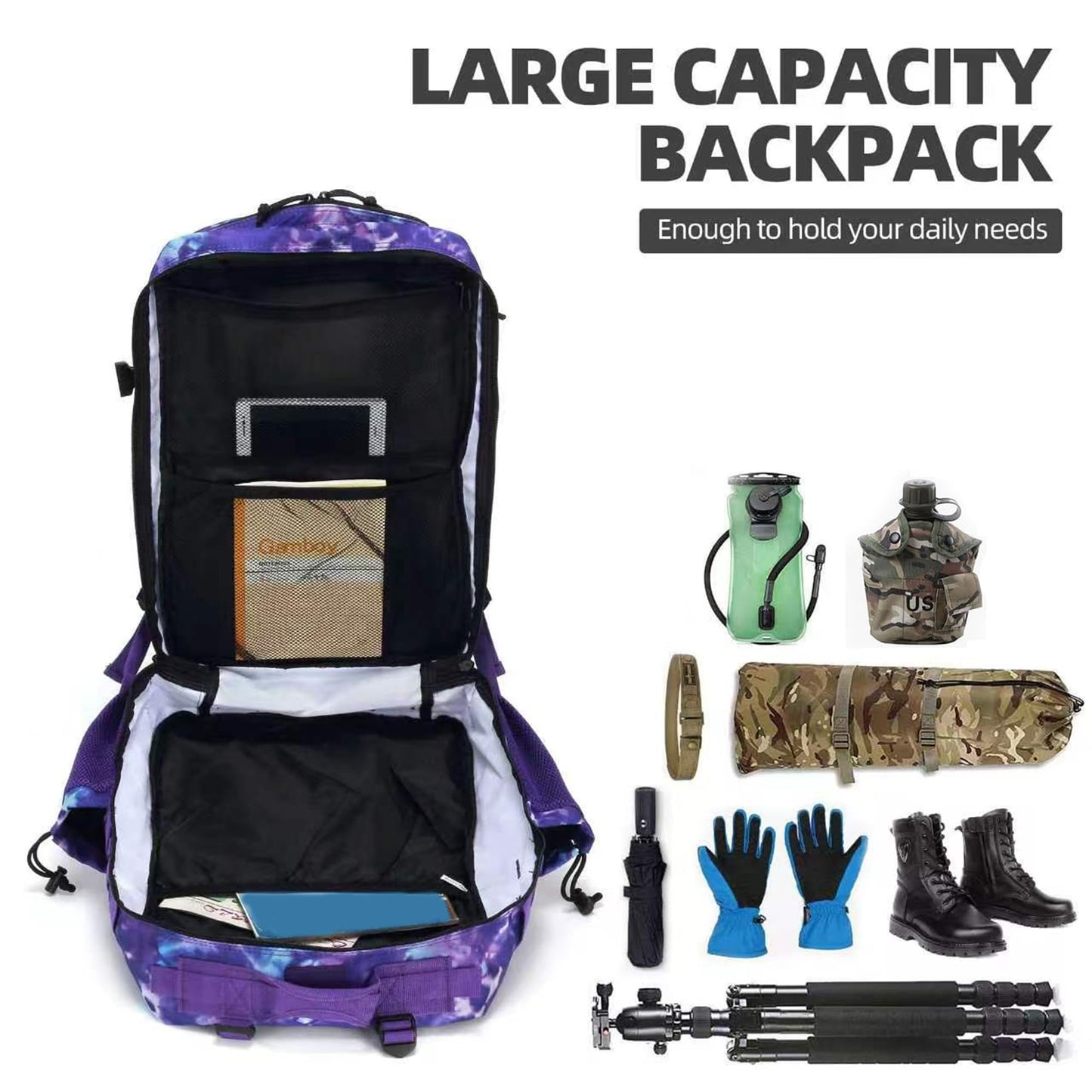 Lovelinks21 45L Tactical Assault Backpack 3 day assault pack with Molle Waterproof backpack Rucksack for Tactical Backpacks (Purple Camo)