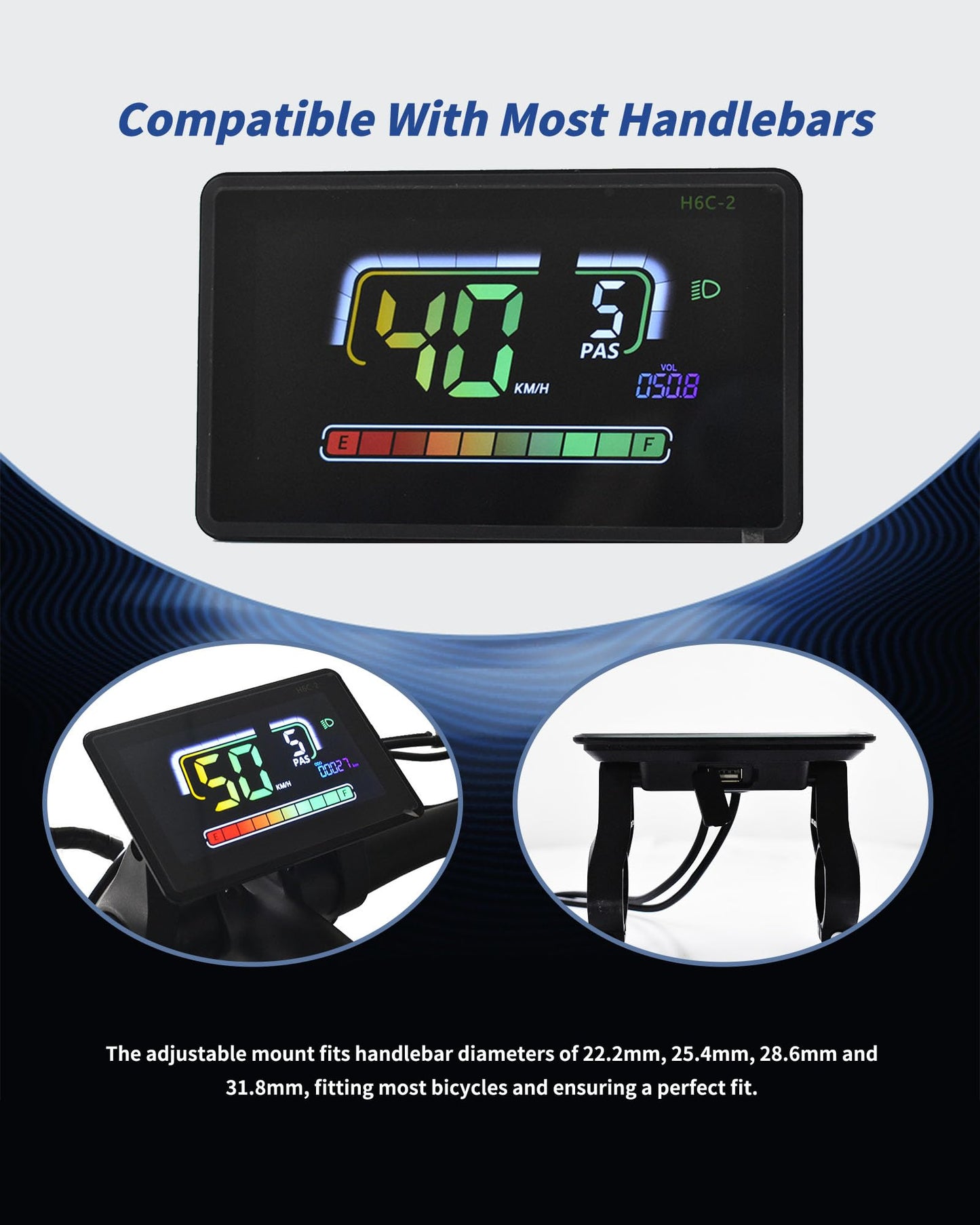 Mcezdy Ebike LCD Display, UART No. 2 Protocol, Colorful Cycling Computer APP Connection, with USB Charging Port, Panel Screen Bicycle Speedometer Odometer(6-Pin)