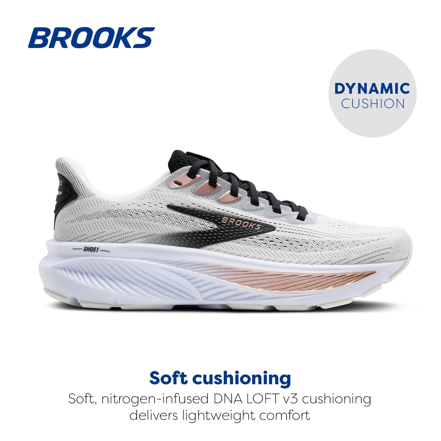 Brooks Women’s Ghost 17 Neutral Running Shoe - White/Black/Rose Gold - 12 Medium