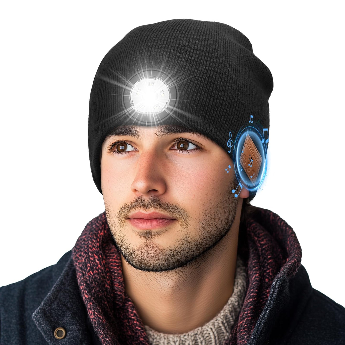 MUSIC Lighted Beanie (Bluetooth V5.4), Knitted hat with Built-in LED Lights, Microphone and Speaker
