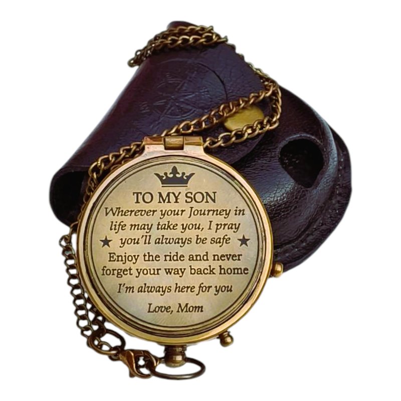 to My Son Brass Engraved Pocket Compass – Handmade Antique Compass with Leather Case – Inspirational Religious Gift for Son from Mom – Graduation, Baptism, Communion Keepsake (to My Son Love Mom)