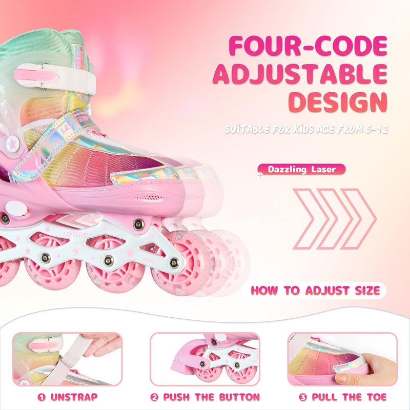 LEVYTEMP Kids Adjustable Inline Skates for Girls Size M Ages 5-12 Blades Skate with Outdoor All Light Up Wheels for Beginner Women