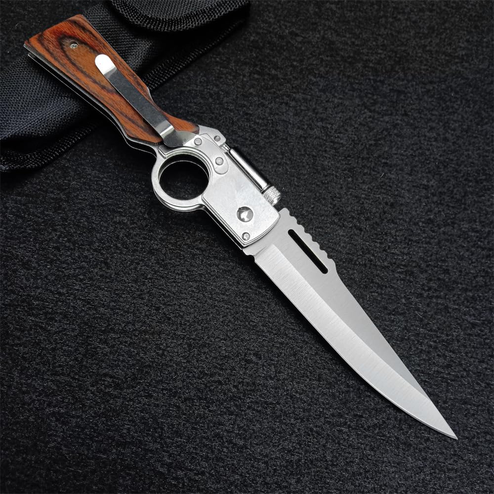 AK47 Flipper Pocket Folding Knife Push Button Lock Knife，Stainless Steel Blade，Wooden Handle and Pocket Clip，Protable Knife with LED Light for Men's Gift，Camping Survival EDC Knives