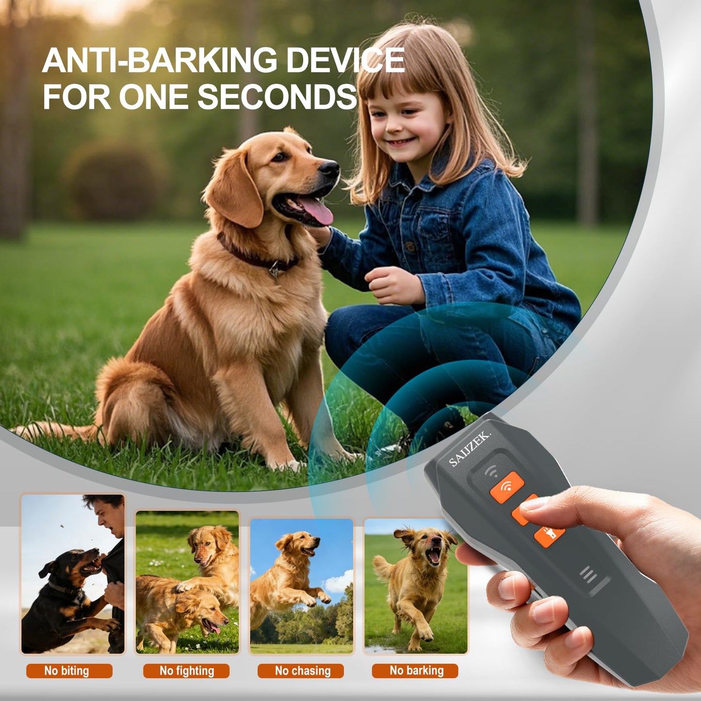SAIJZEK. Ultrasonic Dog Trainer G2 | 3-in-1 Bark Deterrent Training Device | Anti Barking Silencer | Barks No More Devices | Stop Control Dogs Bad Behavior | Stopper Corrector Clicker Repellent, Gray