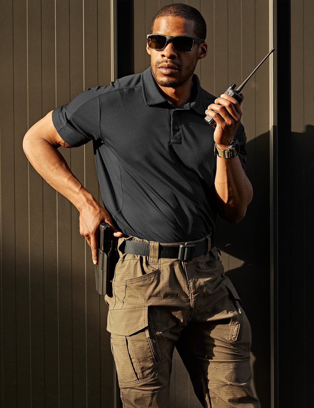 CQR Men's Quick Dry Tactical Polo Shirt, Lightweight Breathable Performance Polo, Short Sleeve UPF 50+ Outdoor Golf Shirt, Frost Pro Black, Large