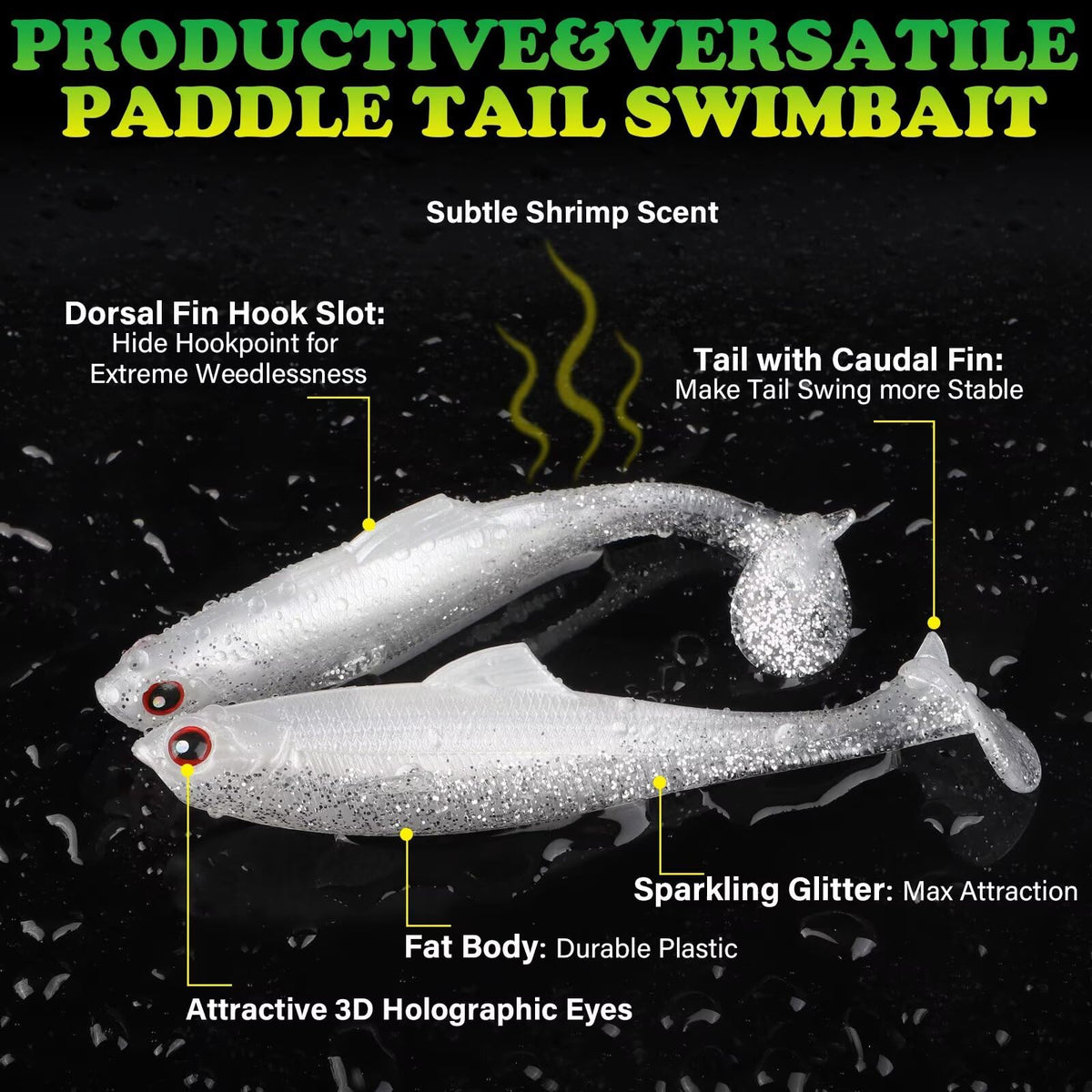 LUCKYFISHING Paddle Tail Swimbaits Soft Plastic Swimbaits Soft Baits for Bass Fishing Trout Crappie Walleye Freshwater Saltwater Soft Plastic Baits White-3.5 inch-10pcs