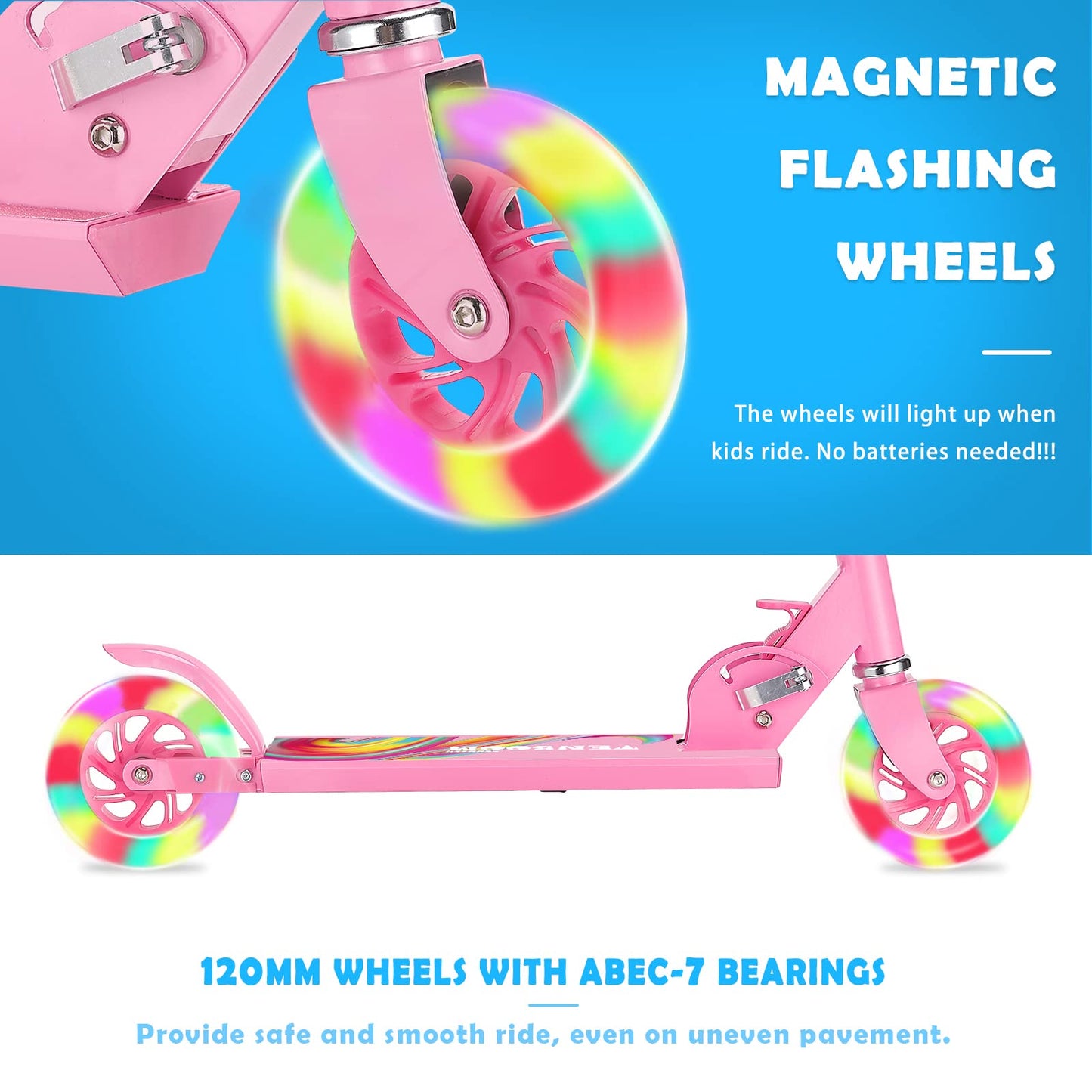 TENBOOM Scooter Toys for Kids Ages 6-12/3-5, Max Load 220 LBS, Foldable Lightweight Kick Scooter with Light Up Wheels, Kickstand, 3 Adjustable Levels, Rear Brake, Pink