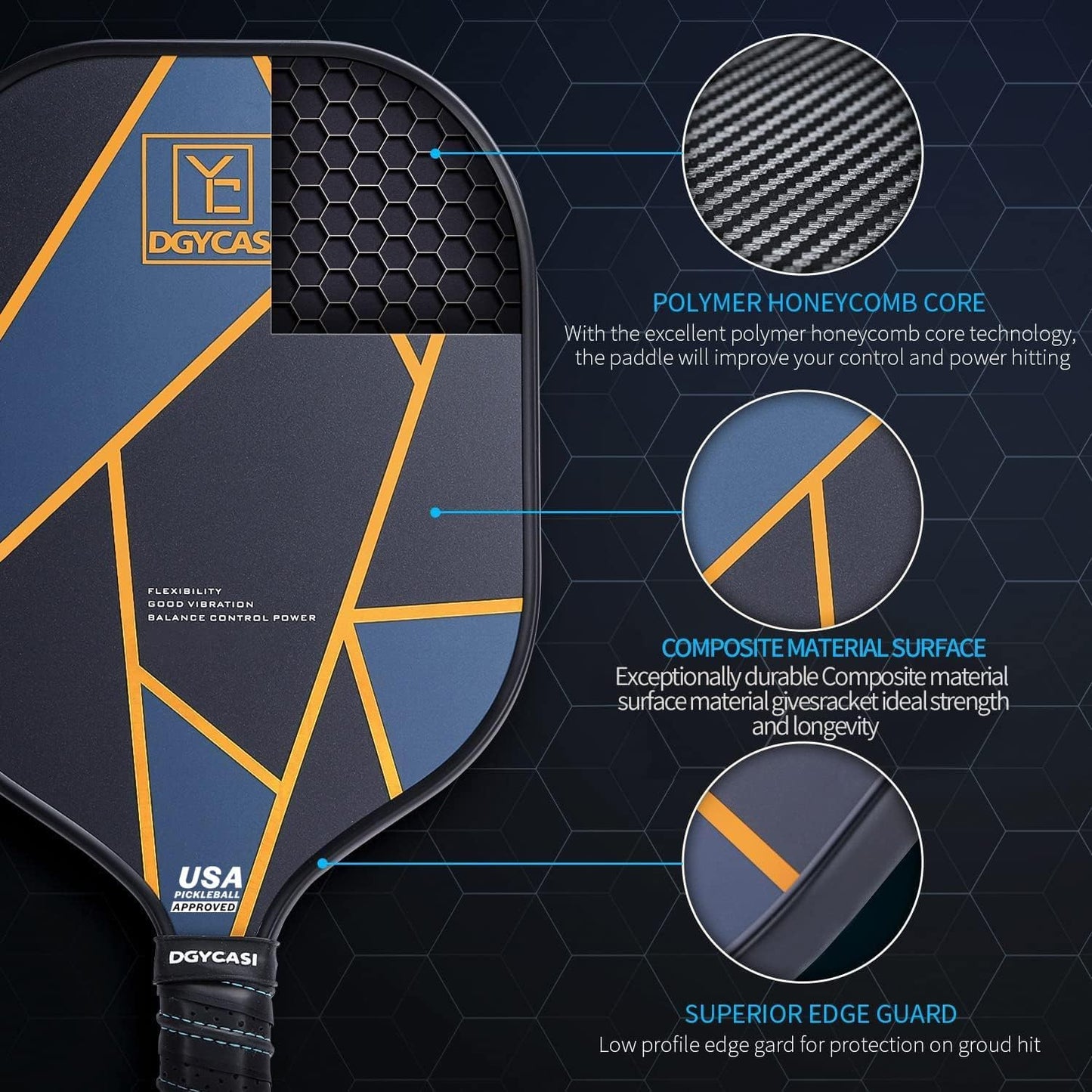 YC DGYCASI Pickleball Paddles Set of 2, USAPA Approved Carbon Fiber Surface Pickleball Set, Lightweight Pickle Ball Rackets 2 Pack, 2 Outdoor Pickleball, 2 Indoor Pickleball, 1 Pickleball Bag