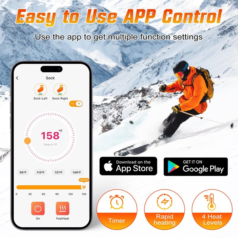 ChieAdt Heated Socks for Men Women with APP Control 8000mAh Battery Rechargeable Electric Sock 4 Heating Level Washable Winter Foot Warmer for Hunting Outdoor Work Ski Hiking Fishing XL