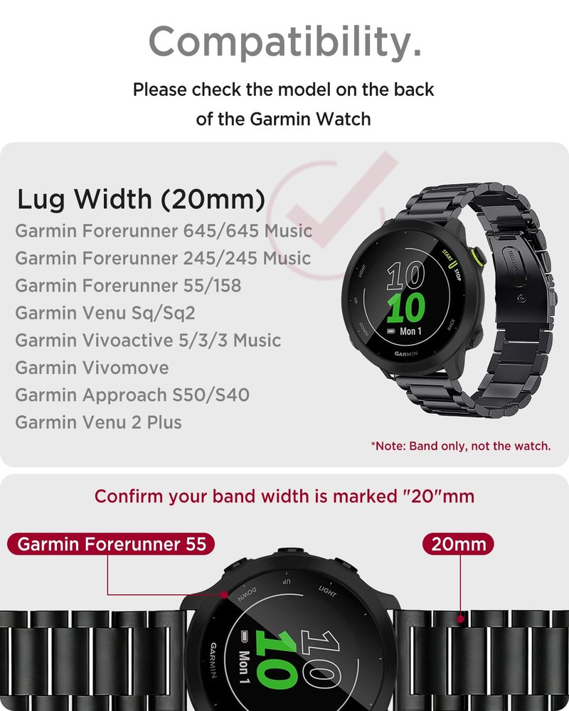 Miimall Business Band for Garmin Vivoactive 6/5/3, Forerunner 55/165/570 42mm, Venu Sq/2 Plus, 20mm Men Metal Bracelet Stainless Steel Strap for Vivomove Sport/Trend, Approach S12/S50/S42/S44(Black)