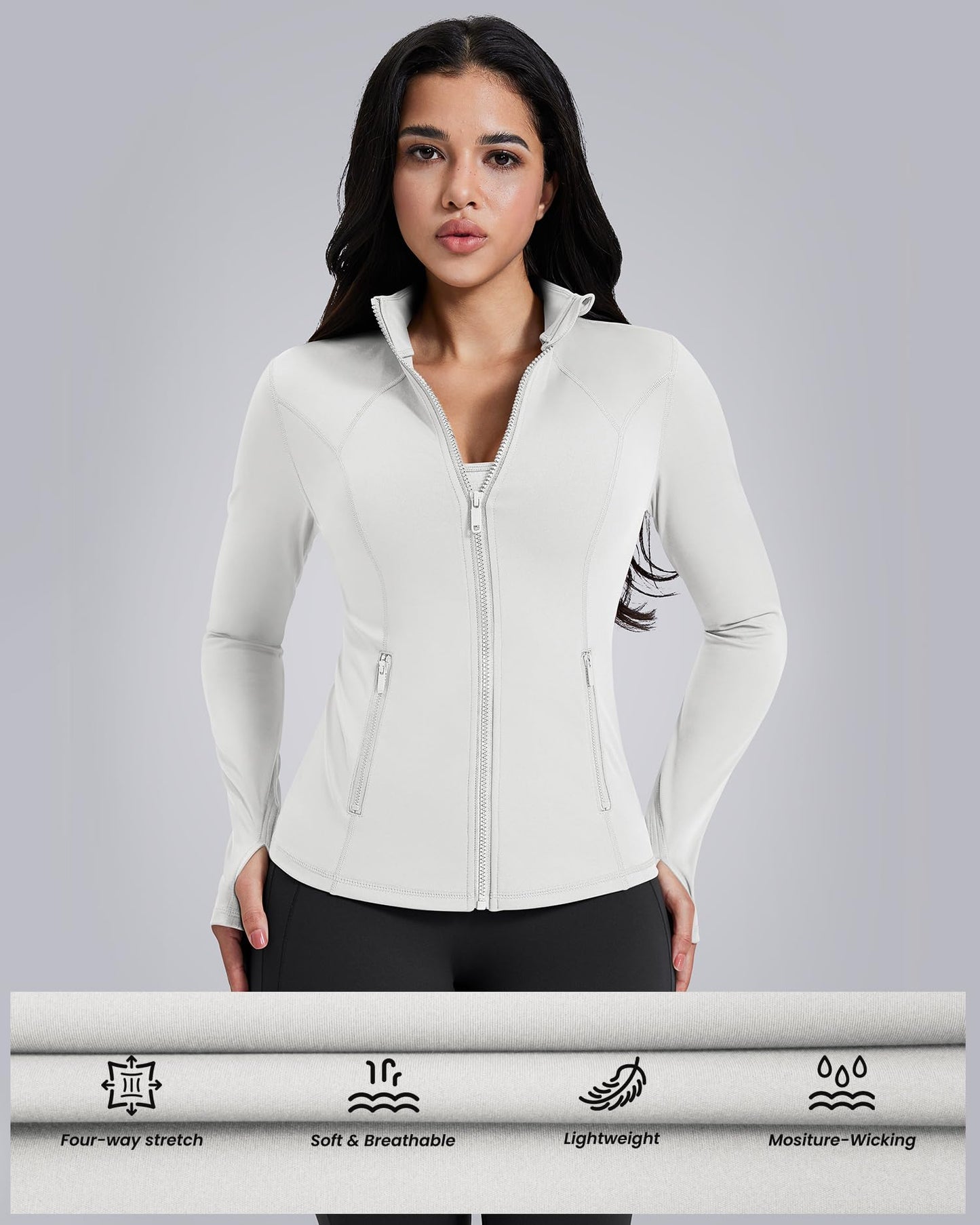 AVGO Womens Workout Jackets Lightweight Athletic Zip Up Jacket Slim Fit Running Gym Top with Pockets & Thumb Holes(White, L)