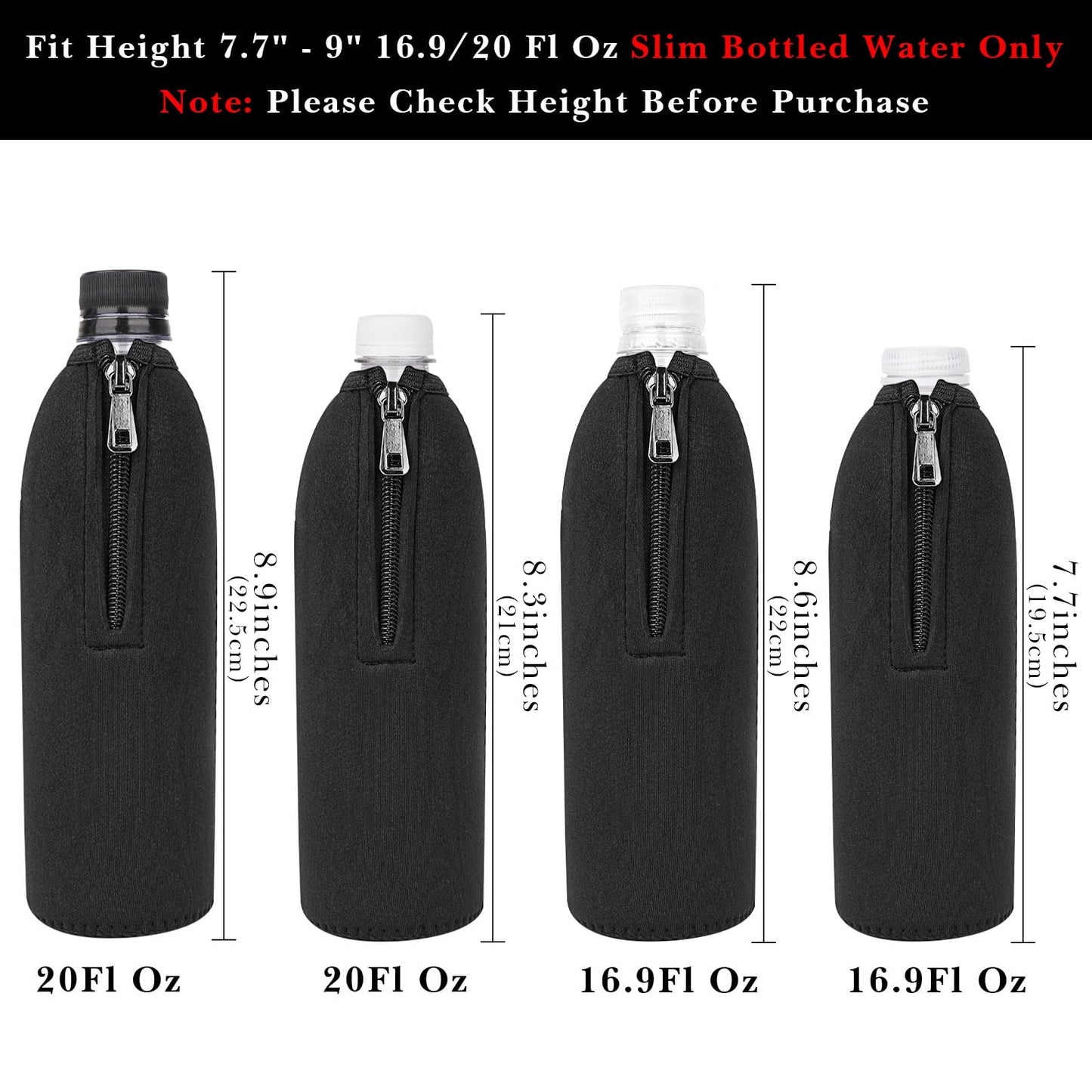 Linkidea Disposable Water Bottle Sleeve Compatible with Smartwater 16.9/20Fl Oz, Evian 16.9Fl Oz, Insulated Neoprene Plastic Bottled Water Cover with Lockable Zipper (2 Pack) (Black)