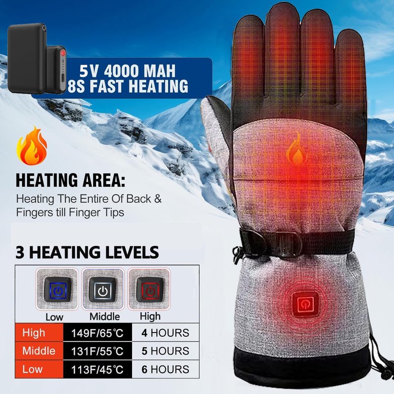 Heated Gloves for Men Women, Rechargeable Hand Warmer with Touchscreen, Waterproof Electric Heated Ski Glove for Winter Outdoor Work Hunting Camping Snowboarding Hiking