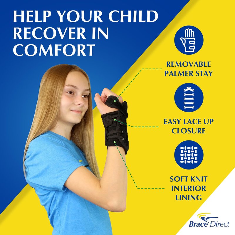 Brace Direct Kids Wrist Brace - Older Child Wrist Splint for Carpal Tunnel, Tendonitis, Sprains & Injuries - 8" Lace Up Design (Left Hand)
