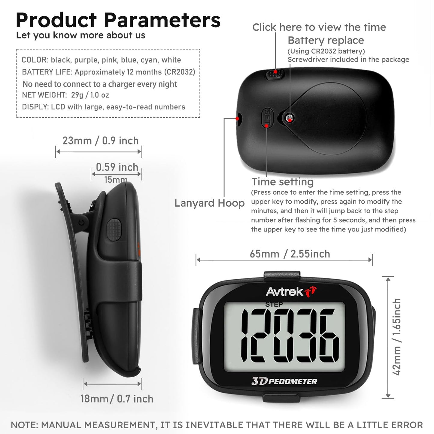AVTREK 3D Step Counter Clip On with LED Backlight Pocket Pedometer for Walking Outdoor Activities Fitness Tracker Without Smartphone (Black)