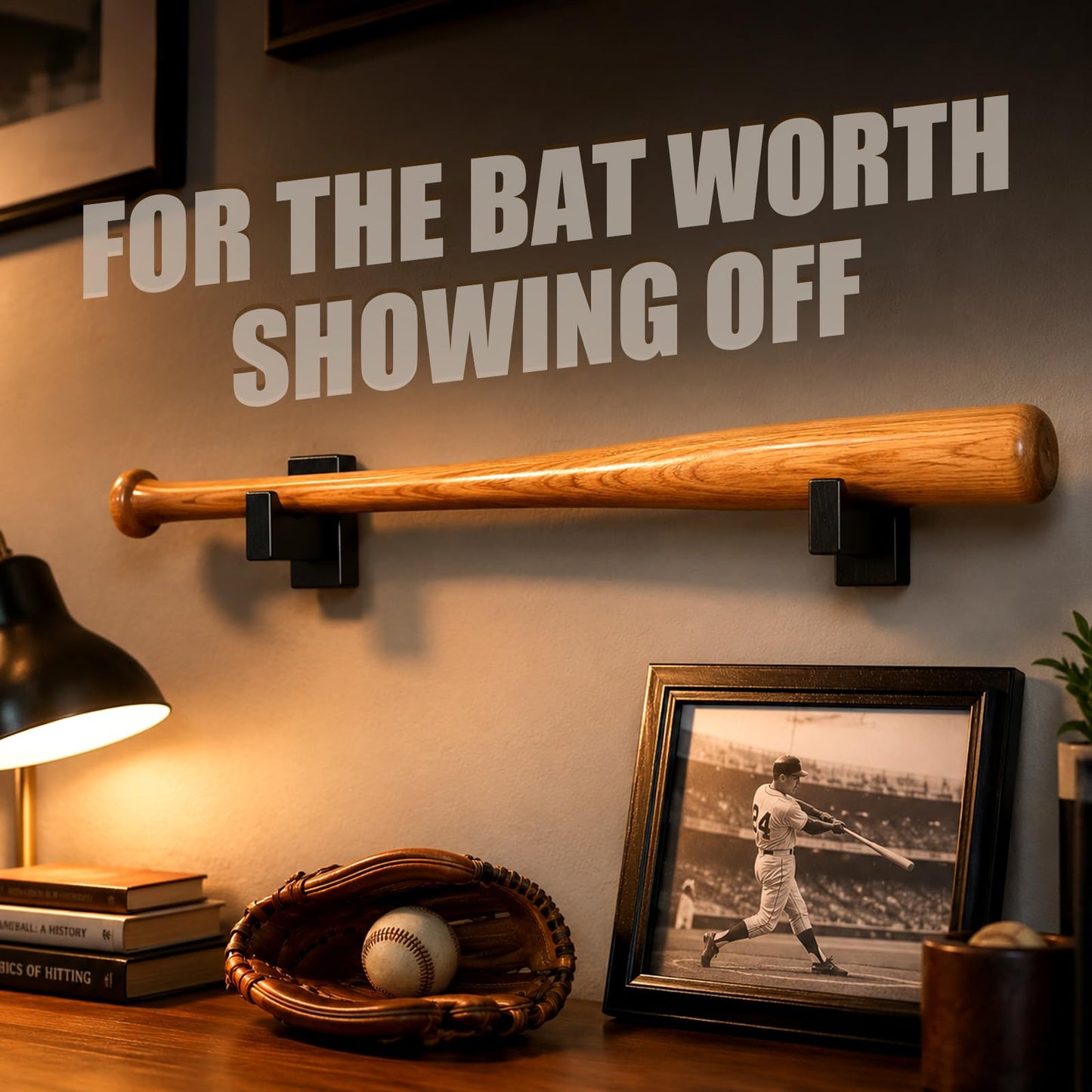 TOBWOLF 2PCS Baseball Bat Display Case, Baseball Bat Hanger Holder, Wall Mount Baseball Bat Horizontal Rack, Baseball Bat Bracket - Black