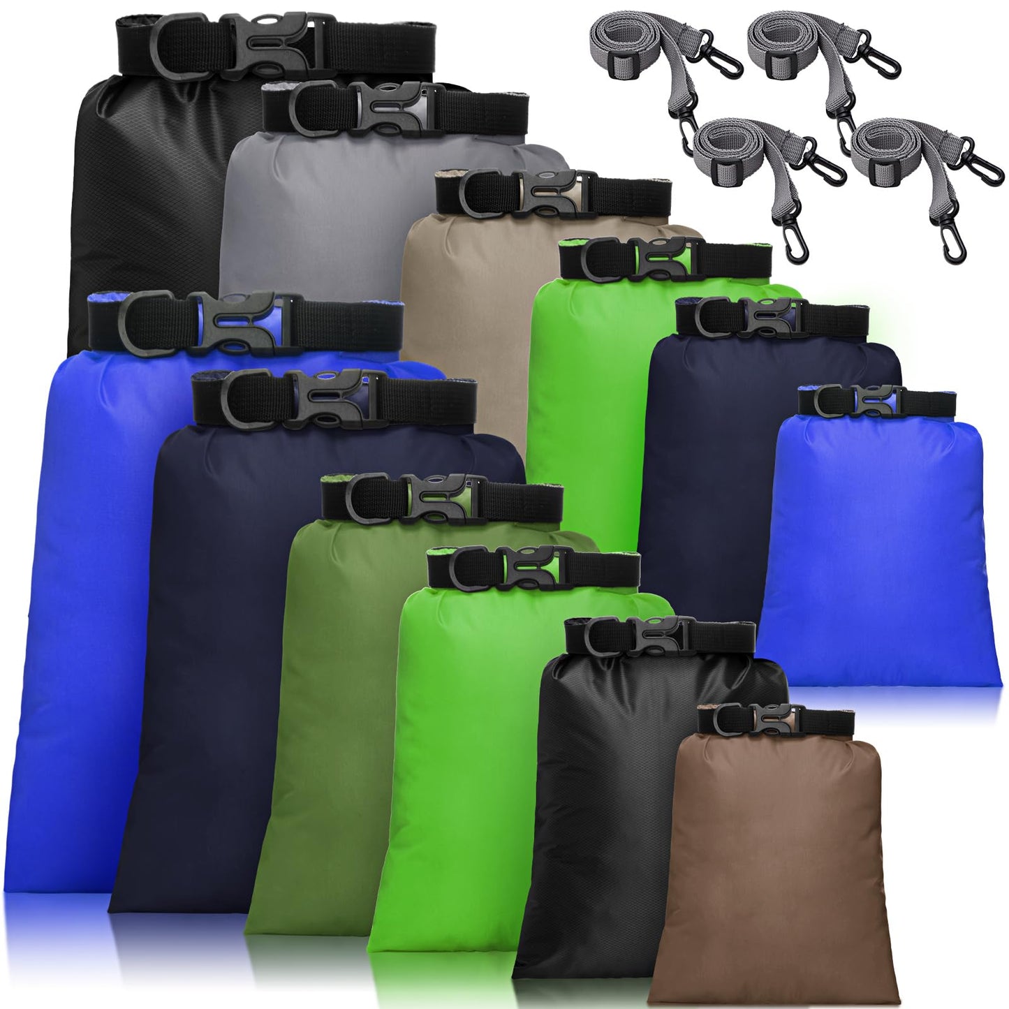 Shappy 12 Pcs 6/12 Pcs Waterproof Dry Bags, Lightweight Outdoor Waterproof Dry Stuff Sacks 15/8/5/4/3/2 L and Long Adjustable Shoulder Strap for Kayaking Rafting Boating Hiking Camping (Dark)
