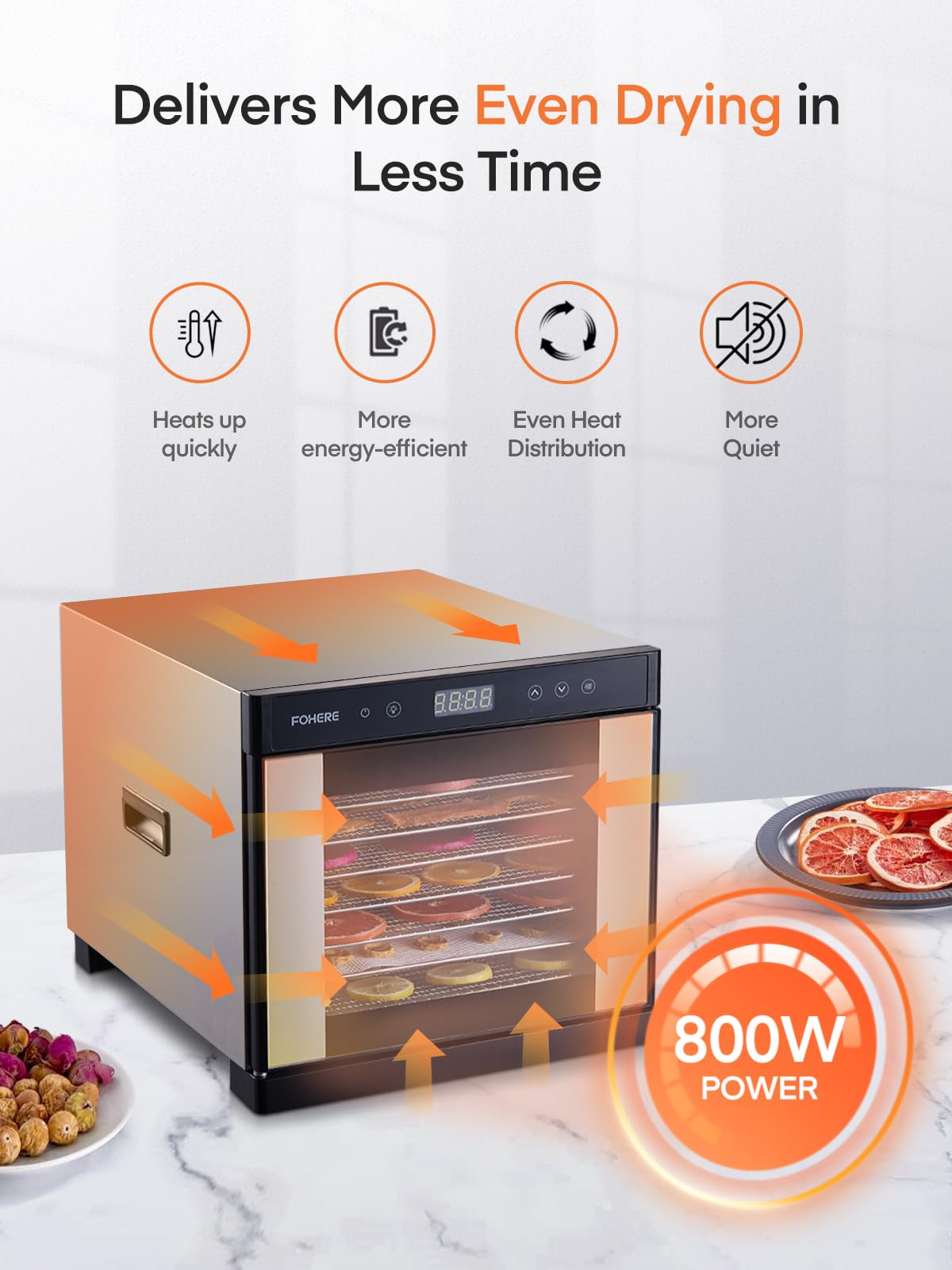 FOHERE 800W Food Dehydrator Machine with 8 Stainless Steel Trays, 8.01ft² Drying Space, 176°F Temperature Control & 48H Timer for Jerky, Meat, Fruit, Herbs, Yogurt, Dog Treats – Recipe Book