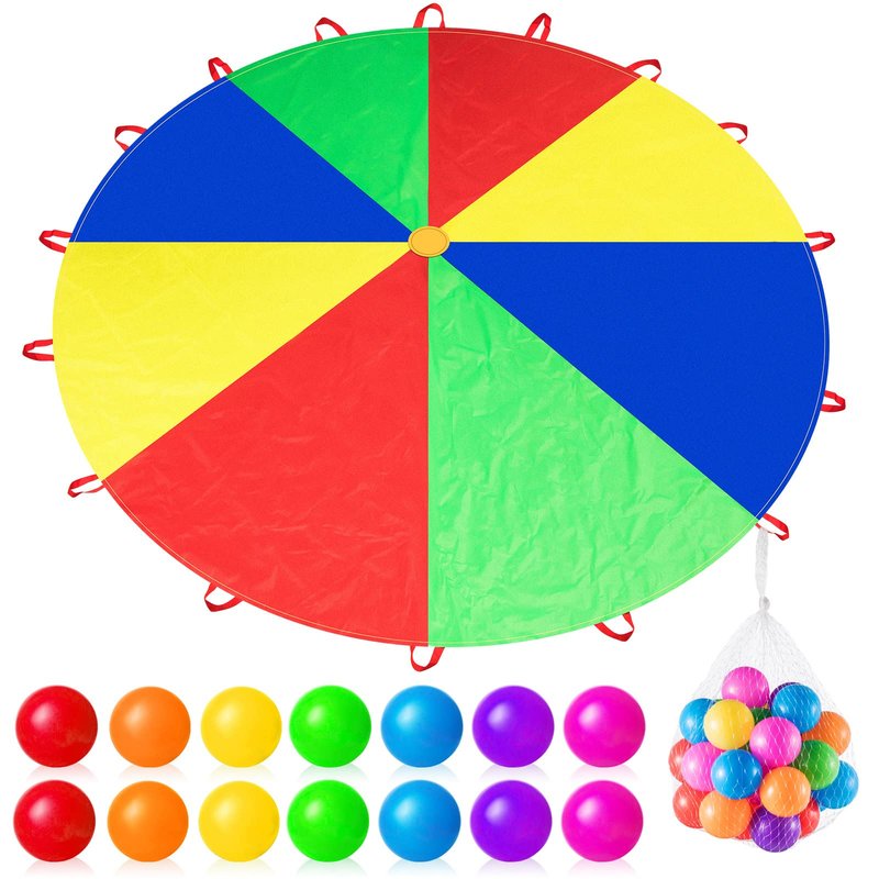 Wettarn Parachute 6/12/16/20/23/30 ft for Kids with Handles and Plastic Balls Rainbow Parachute Toy Tent Game for Kids Cooperative Games and Outdoor Playground Activities(12 ft)