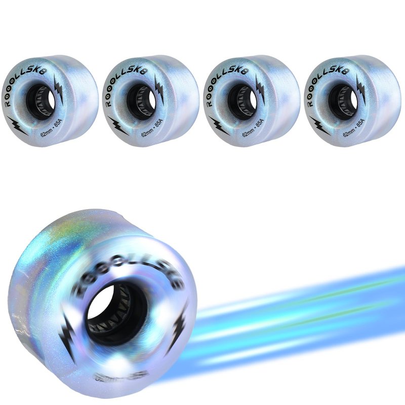ROOOLLSK8 Roller Skate Wheels Light up Skate Wheels Indoor and Outdoor Glow Quad Skate Wheels 85A 62MM (pearl sliver)