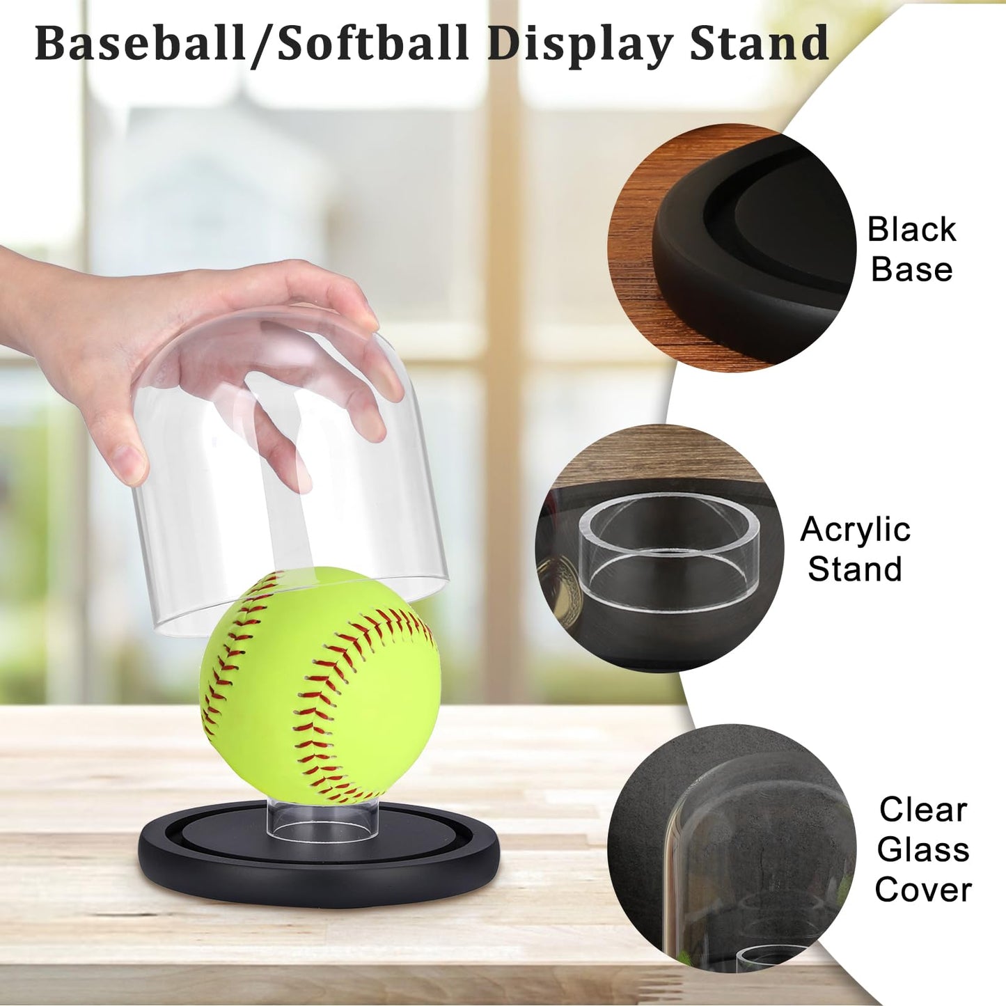 GUSHBIN Softball Display Stand Glass Ball Holder with Acrylic Stand Clear Round Baseball Holder Sport Collection Showcase Box for Tennis Pool Balls Golf Balls